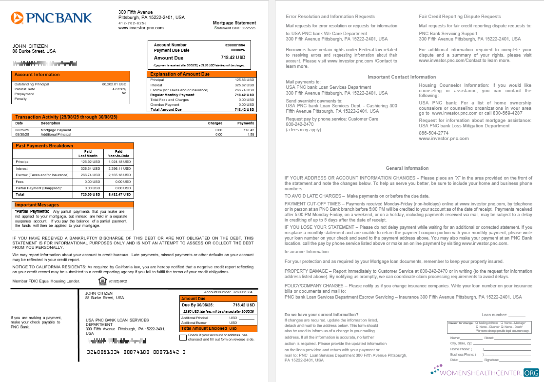 Download USA PNC bank mortgage statement in Word and PDF formats Photoshop template
